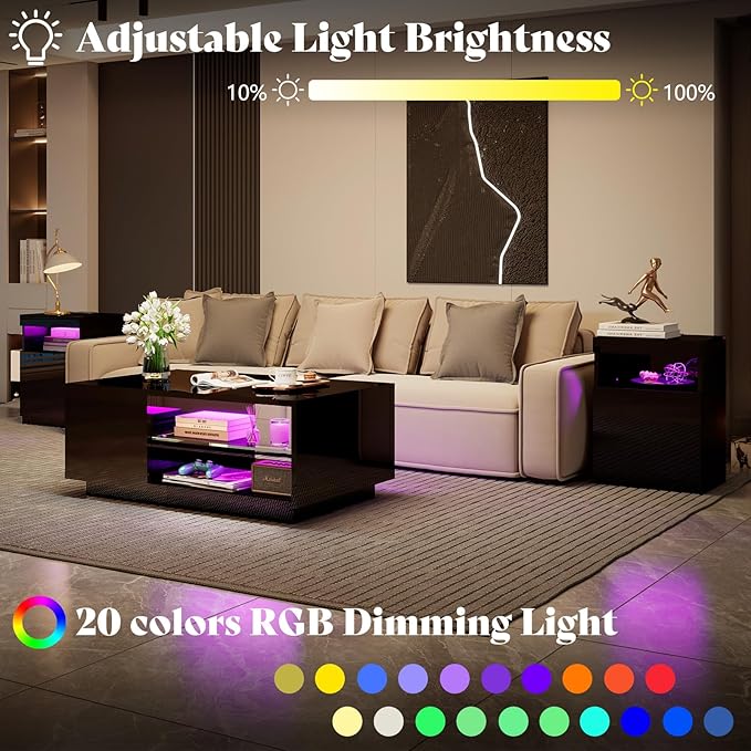 3-Piece Modern High Gloss LED Table Set, Coffee Table with 20-Color LED Lights, 2 End Tables with Wireless Charging Station for Living Room & Bedroom