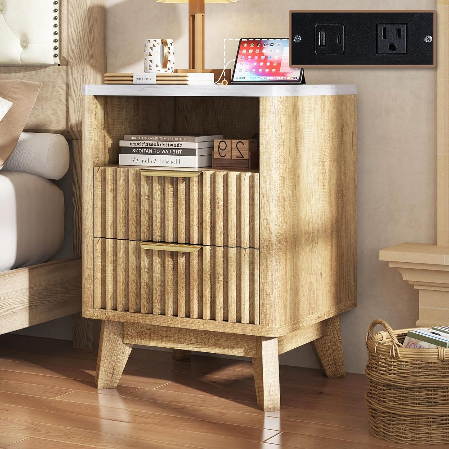 Fluted Nightstand with Charging Station, Farmhouse End Table with Faux Marble Top and Storage Drawers, Wood Side Table with Curved Corner for Living Room