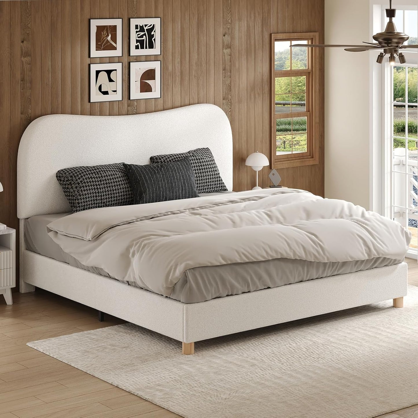 Boucle Bed Frames, Upholstered Platform Bed with Curved Shaped Headboard, Soft Rounded Corners, Noise Free, Easy Assembly