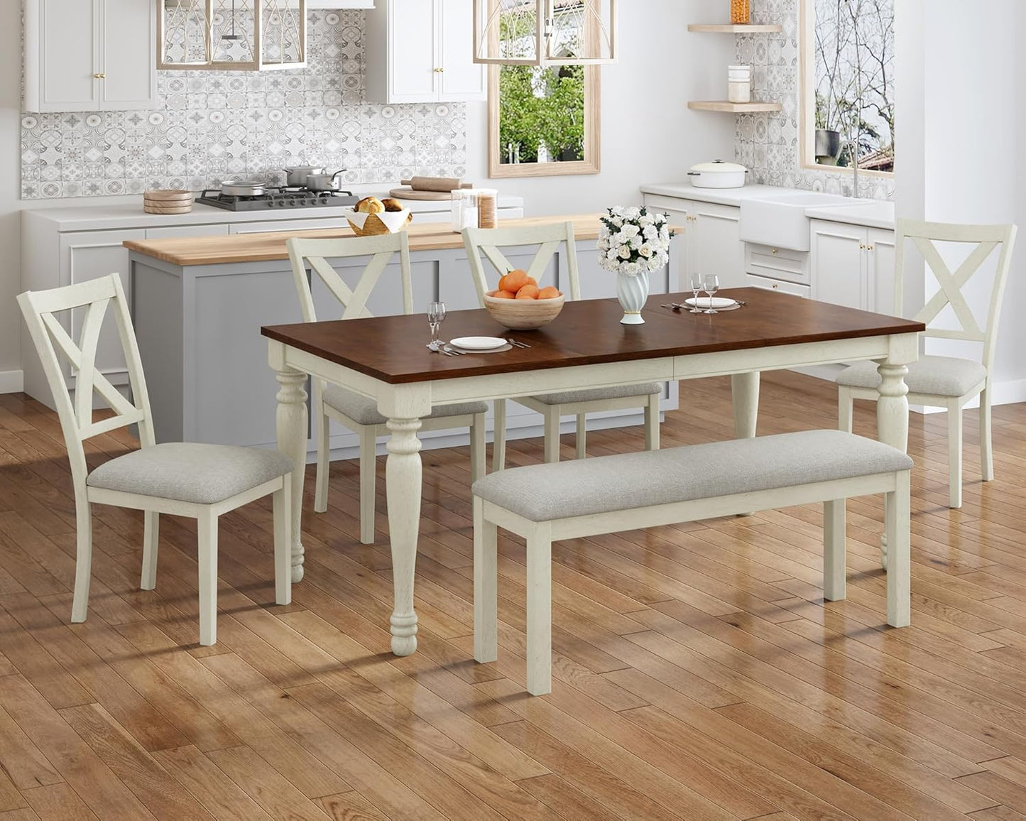 6-Piece 71" Solid Wood Dining Table Set, for Kitchen, Dining Room, Brown & Cream