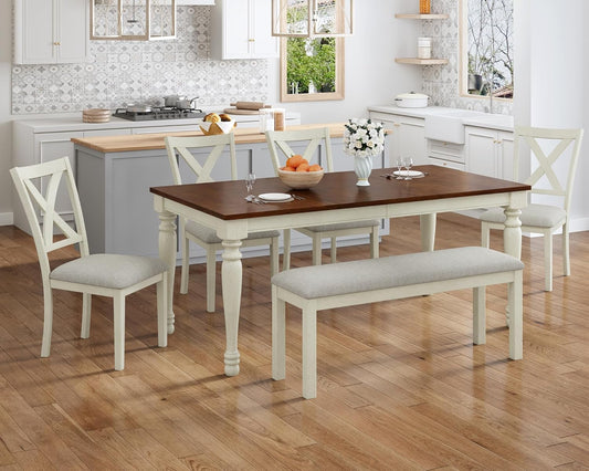 6-Piece 71" Solid Wood Dining Table Set, for Kitchen, Dining Room, Brown & Cream
