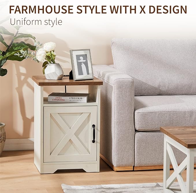 3-Piece Farmhouse Table Set Includes Coffee Table& Two End Tables, Side Table with Charging Station and USB Ports, for Living Room, Bedroom, Distressed White