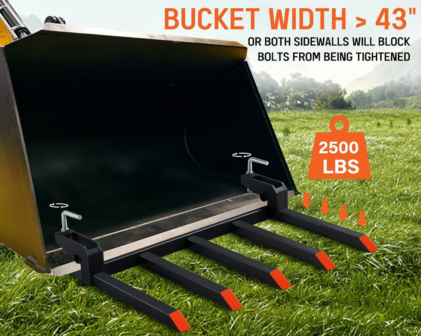 Pallet Forks for Tractor Forks to 48”, 2500 lbs Capacity Heavy-Duty 5-Tine Bucket Forks, double nut construction, to Clean Debris, or Backyard Trash, Black