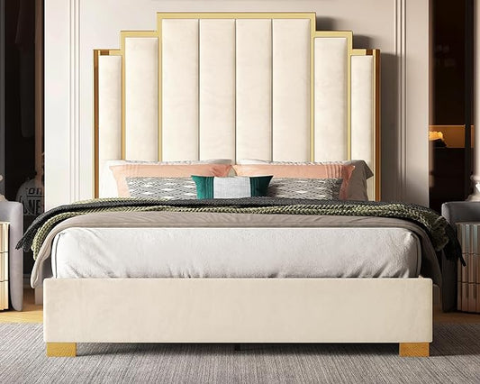 King Size Platform Bed Frame, 65" Velvet Upholstered Bed with Gold Trim Headboard/Wooden Slats/No Box Spring Needed/Cream