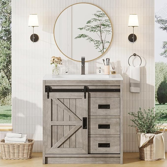 Sliding Barn Door Bathroom Vanity with Sink, 31in Farmhouse Bathroom Vanity Cabinet Set with Sliding Doors & Drawers, Metal Handles, Small Single Bath Storage Vanity Sink Combo, Gray