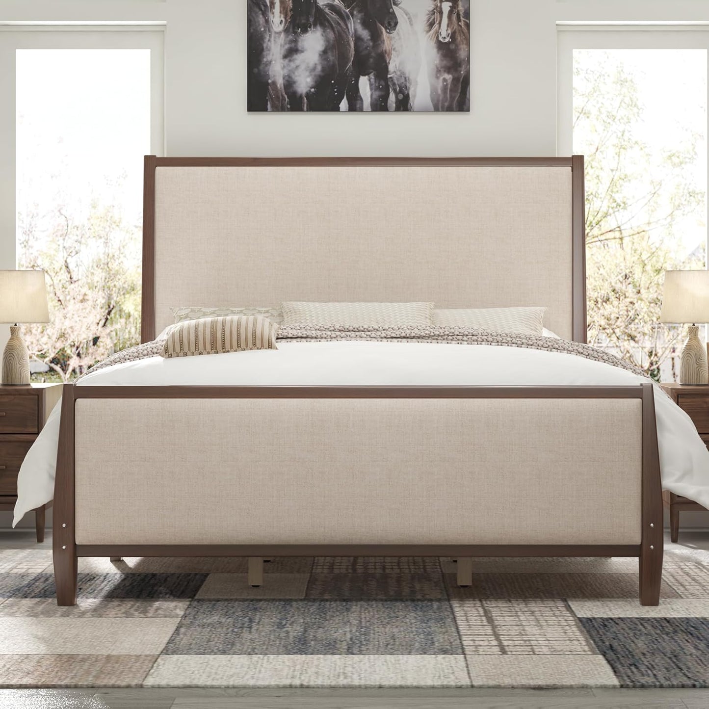 Jocisland 58" Tall Solid Wood Bed Frame with Upholstered Headboard & Footboard, Wooden Platform Bedframe, No Box Spring Needed, Easy Assembly, Modern Farmhouse Style
