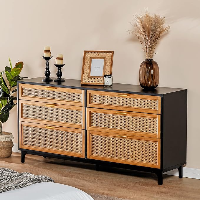 Rattan Dresser with 6 Drawers, Chest of Drawers for Bedroom, Solid Wood Retro Tall Storage Drawers for Living Room, Entryway, Hallway, Black