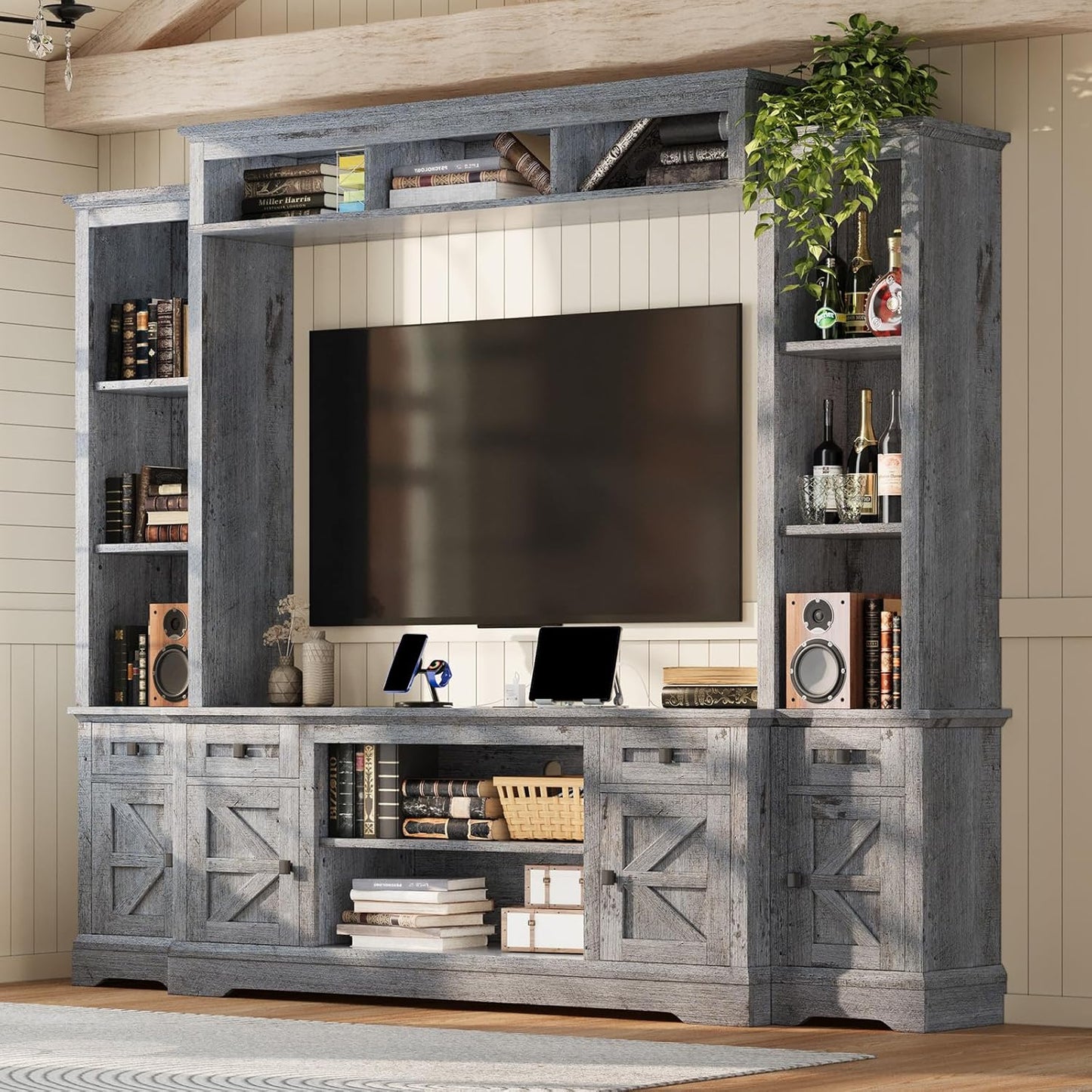 Merluxy Farmhouse Wall Unit TV Stand with Bookshelf & Wine Cabinet, Power Outlets for 78" TVs