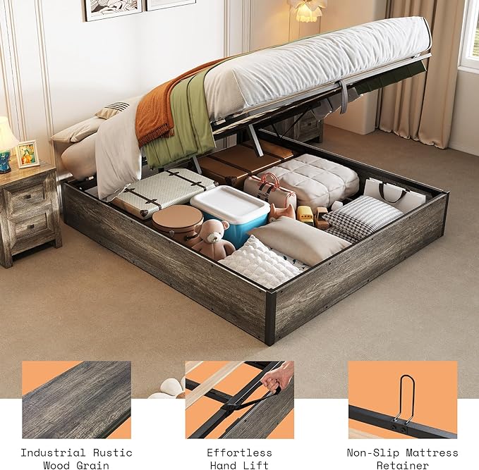 Lift Up Storage Bed, Full Bed Frame with Storage Underneath, Wooden Platform Bed Frame, Solid Wood Slats Support, No Fixed Headboard, No Box Spring Needed, Rustic Grey