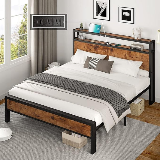 Queen Size Bed Frame Industrial Platform Bed with Charging Station, 2-Tier Storage Headboard/No Box Spring Needed/Noise-Free/Dark Brown