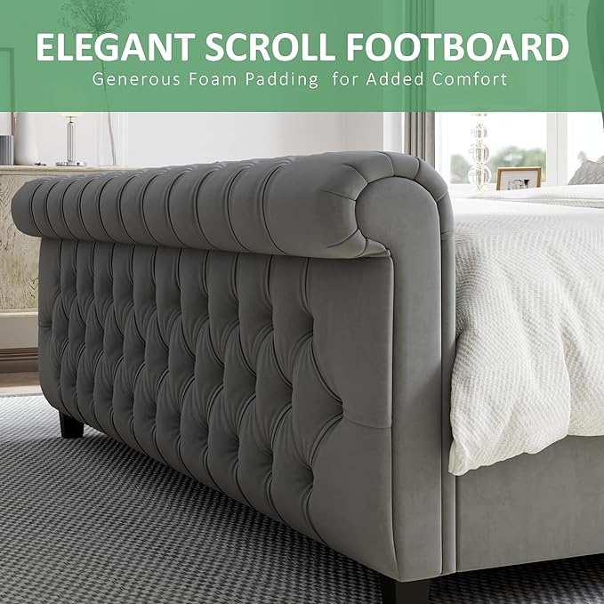 Queen Size Platform Bed Frame, Chenille Upholstered Sleigh Bed with Scroll Wingback Headboard & Footboard/Button Tufted/No Box Spring Required/Cream