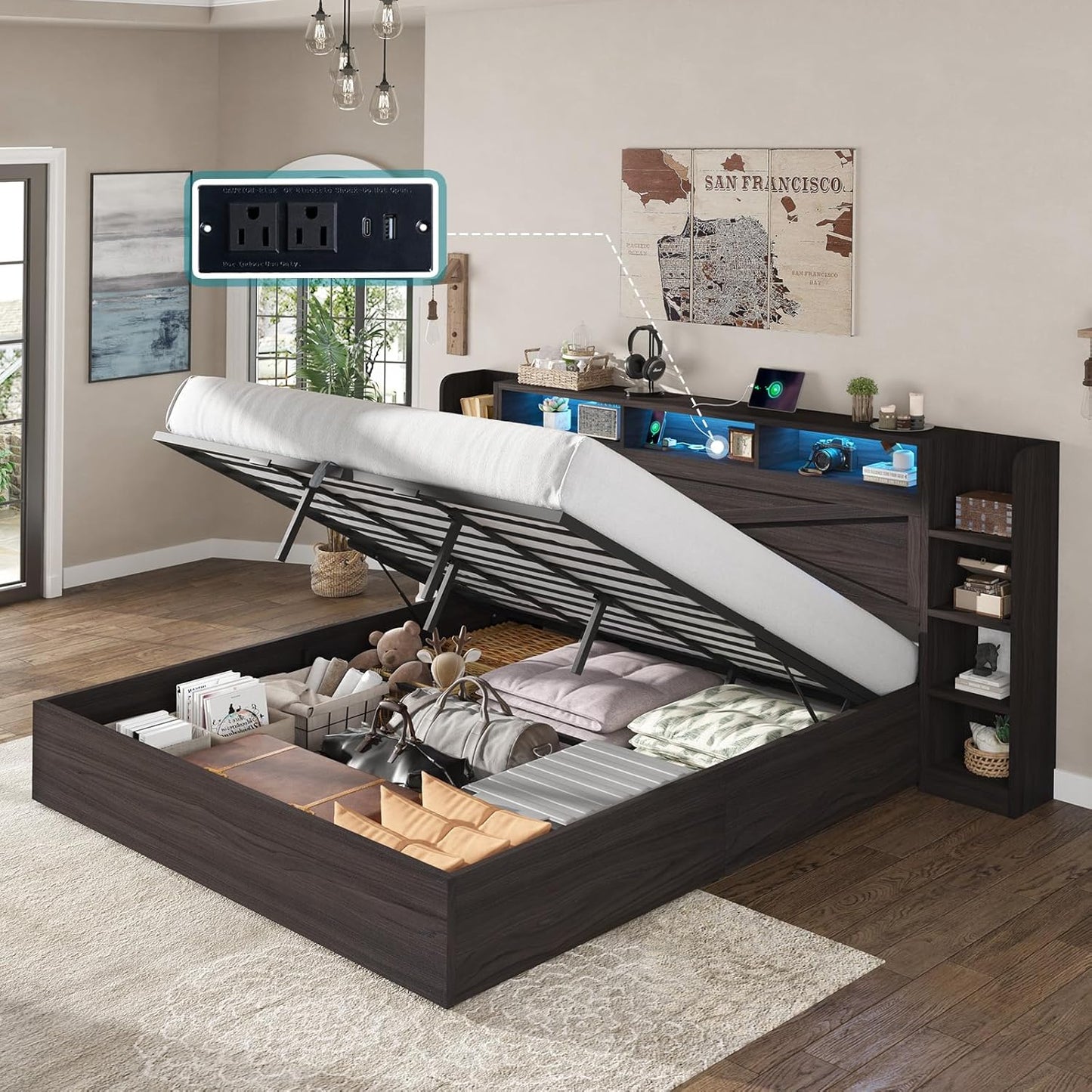 Amerlife Bed Frame with Lift Up Storage & Bookcase Headboard, LED & Charging