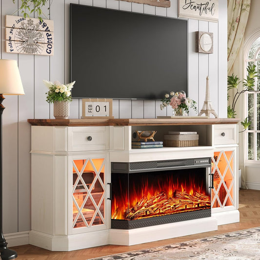 Bevel 3-Sided Glass Farmhouse Fireplace TV Stand with 36" Fireplace, 70" LED Lights Entertainment Center Glass Doors & Drawers, TV Cabinet Console Table for TVs Up to 80", Living Room