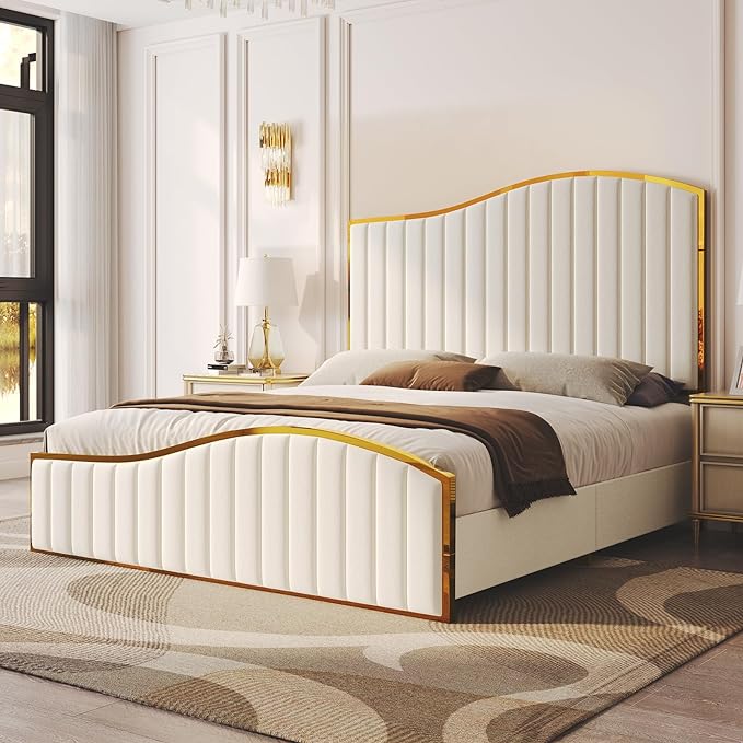 Queen Size Bed Frame, 61.4" High Headboard Platform Bed Velvet Upholstered with Gold Trim & Footboard/Wooden Slats/No Box Spring Required/Grey