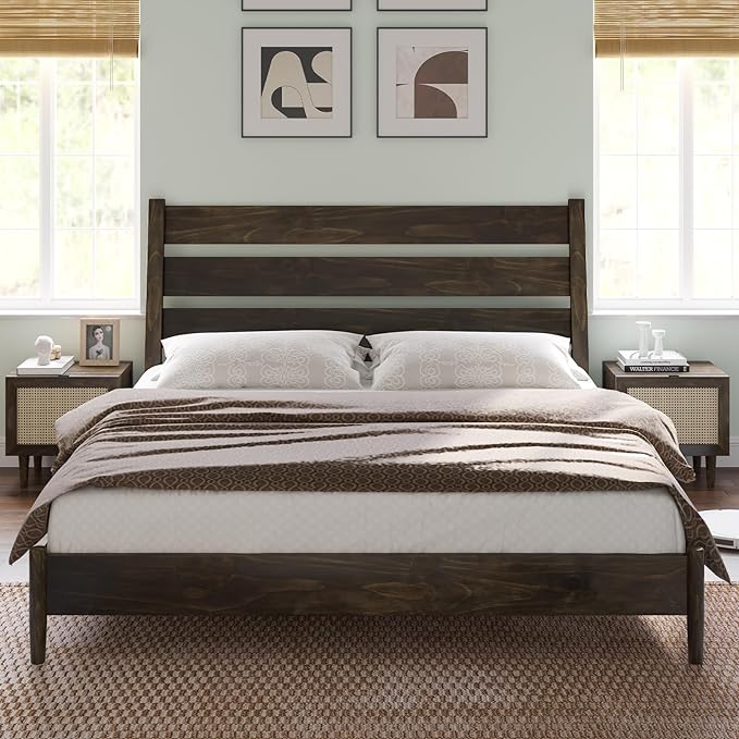 King Size Solid Wood Bed Frame, Mid Century Platform Bed with Reclining Slatted Headboard, Wood Slat Support,No Box Spring Needed, Noise Free, Light Brown