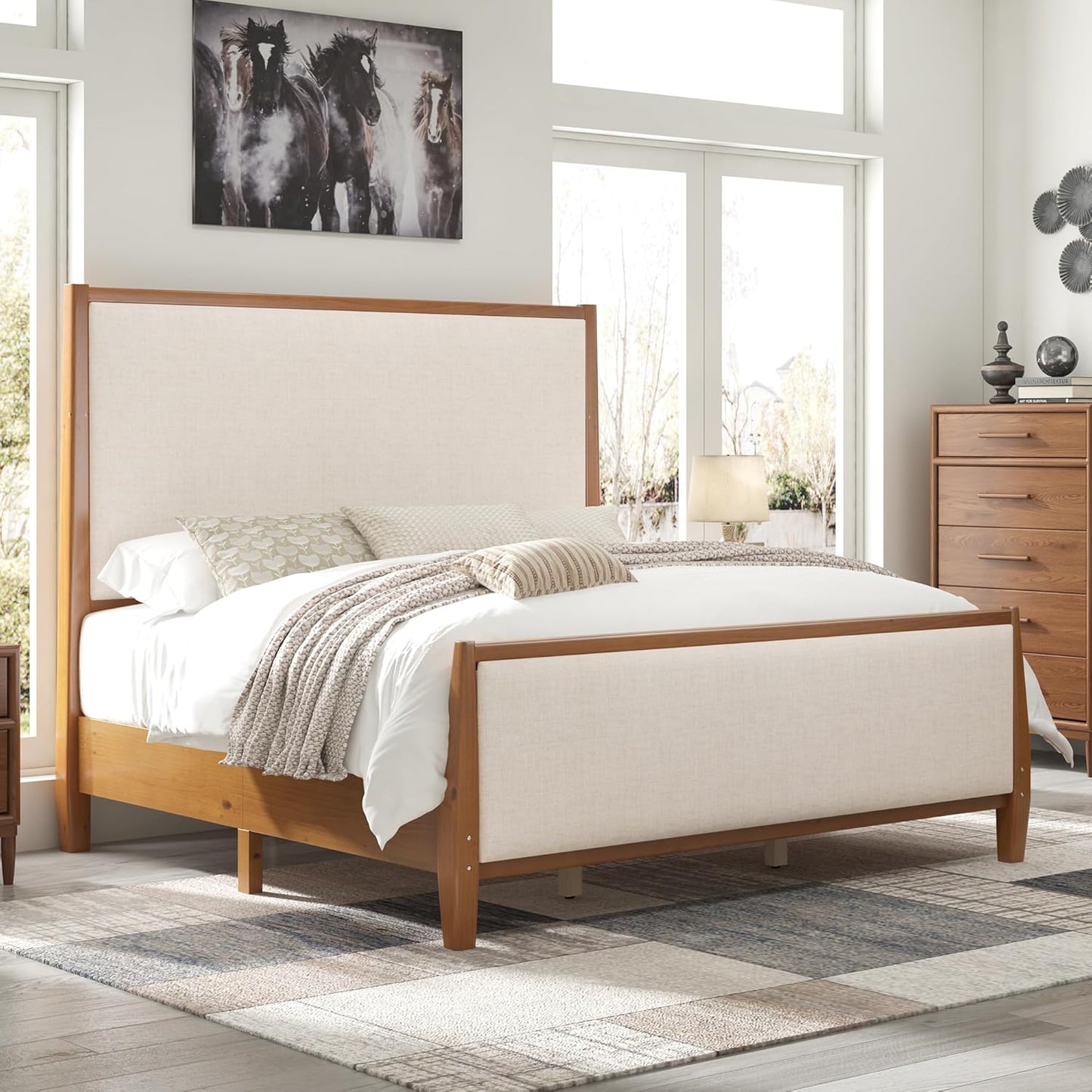 Jocisland 58" Tall Solid Wood Bed Frame with Upholstered Headboard & Footboard, Wooden Platform Bedframe, No Box Spring Needed, Easy Assembly, Modern Farmhouse Style