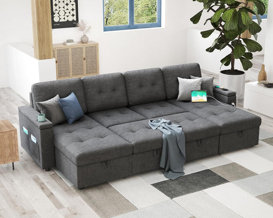 109 Inch Pull Out Couch, Sleeper Sofa with 2 USB Charge Ports & Cup Holders, U Shaped Sectional Sofa with Storage Chaise, Dark Grey