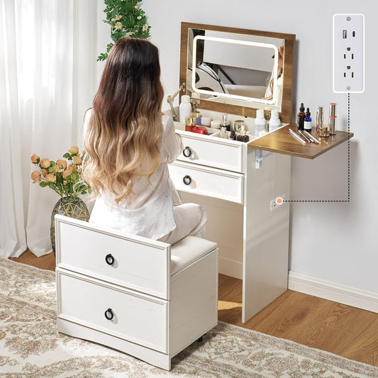 Makeup Vanity Set with Fold-up Panel,Farmhouse Table with Lights and Charging Station,White
