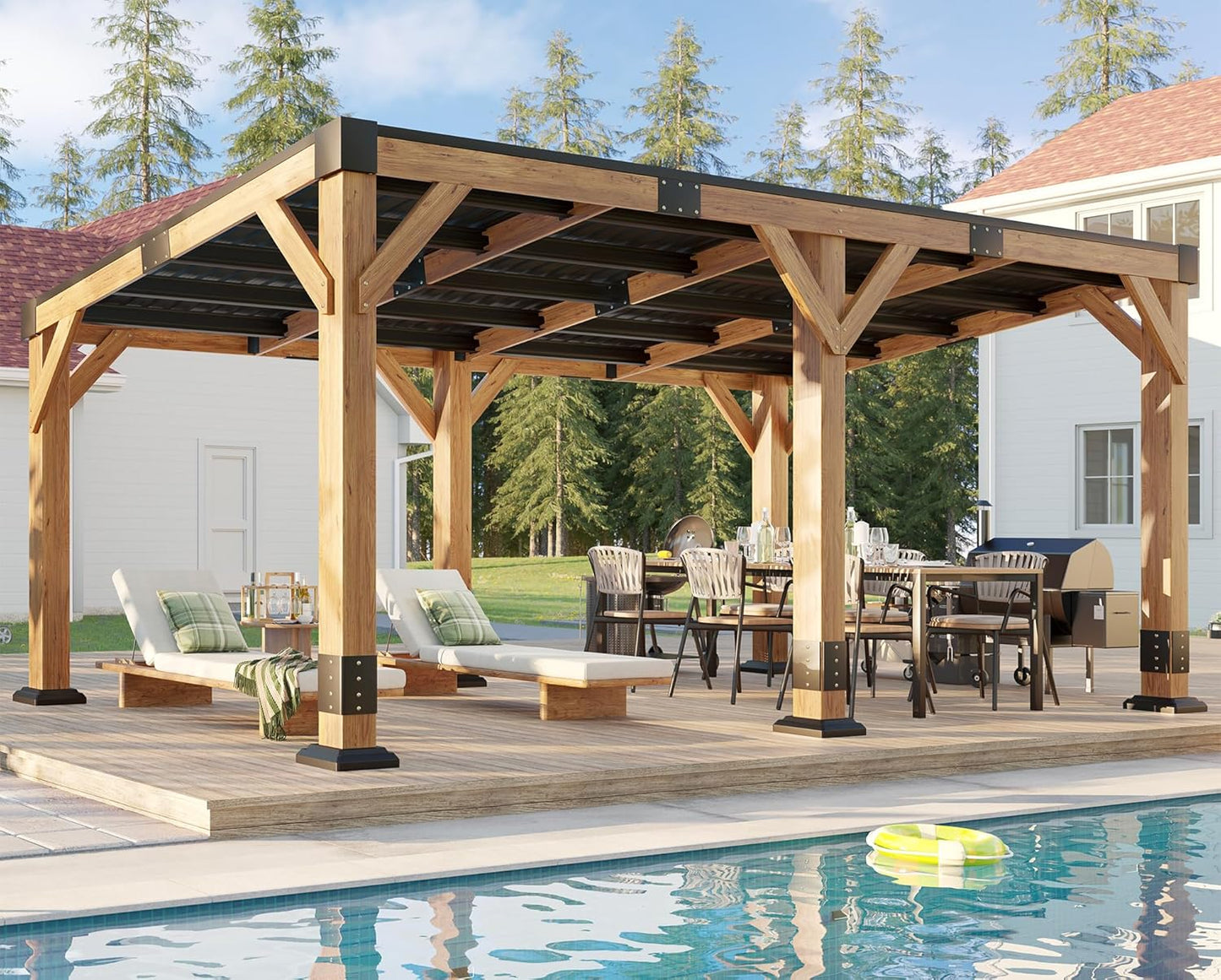 Solid Wood Gazebo with Metal Hardtop, Large Outdoor Pavilion with Sloped Roof