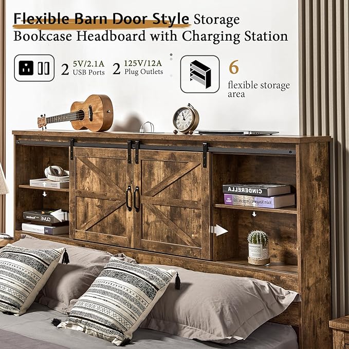 Full Size Bed Frame, Wooden Platform Storage Bed with 51.2" Bookcase Headboard, 2 Drawers, Charging Station/No Box Spring Needed/Noise Free(Rustic Brown)