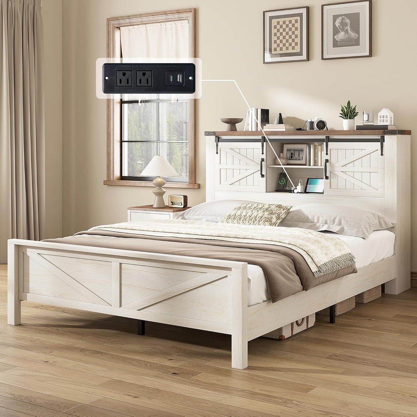 Farmhouse Full Bed Frame with Storage Bookcase & Charging Station, Bedroom Furniture, Black