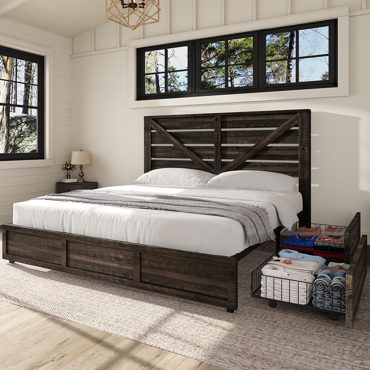 Full Size Farmhouse Bed Frame with Headboard, Wooden Storage Bedroom Furniture, White