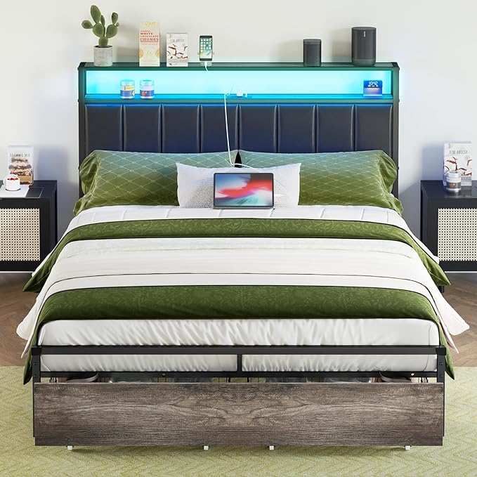 Queen Bed Frame with 2 Storage Drawers, LED Lights, Black