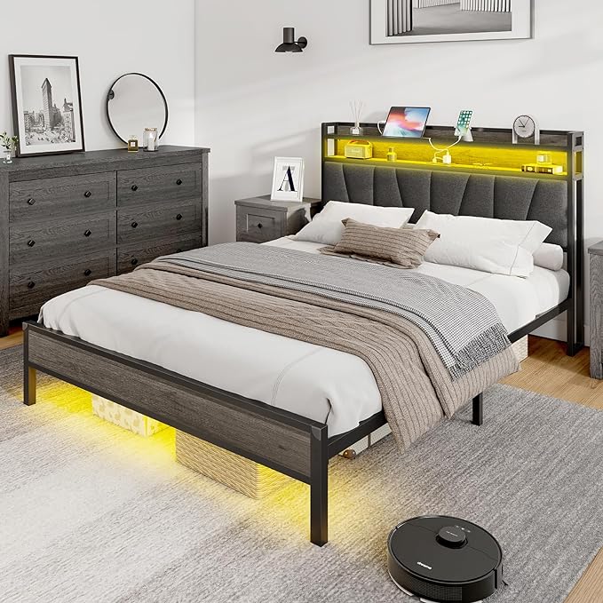 Queen Size Bed Frame with RGB Lights & Charging Station, LED Bed Frame with Storage Headboard Linen Upholstered, Heavy Duty Metal Slats, No Box Spring Needed, Rustic Grey