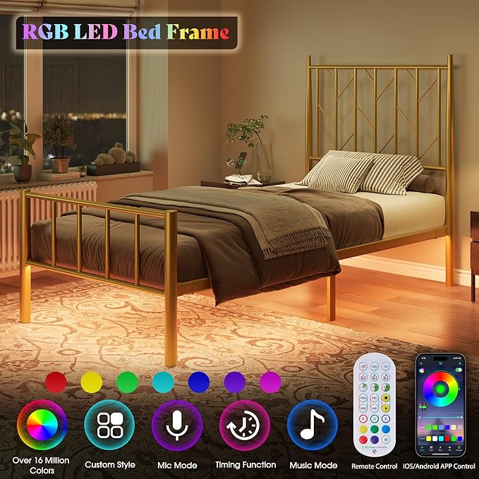 Twin Metal Bed Frame with Adjustable Headboard and LED Lights