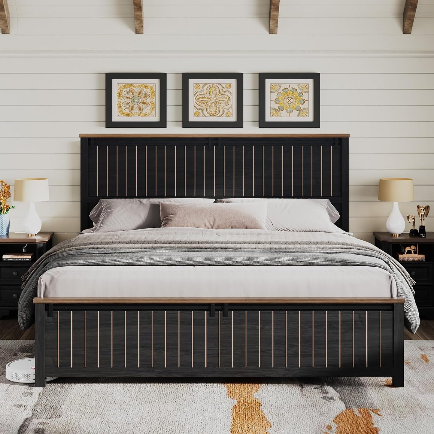 Farmhouse Bed Frame with Sliding Barn Door, Wooden Rustic Platform Bed Frame with 47" Tall Headboard, Noise-Free, Solid Wood Slats & Metal Support, No Box Spring Needed