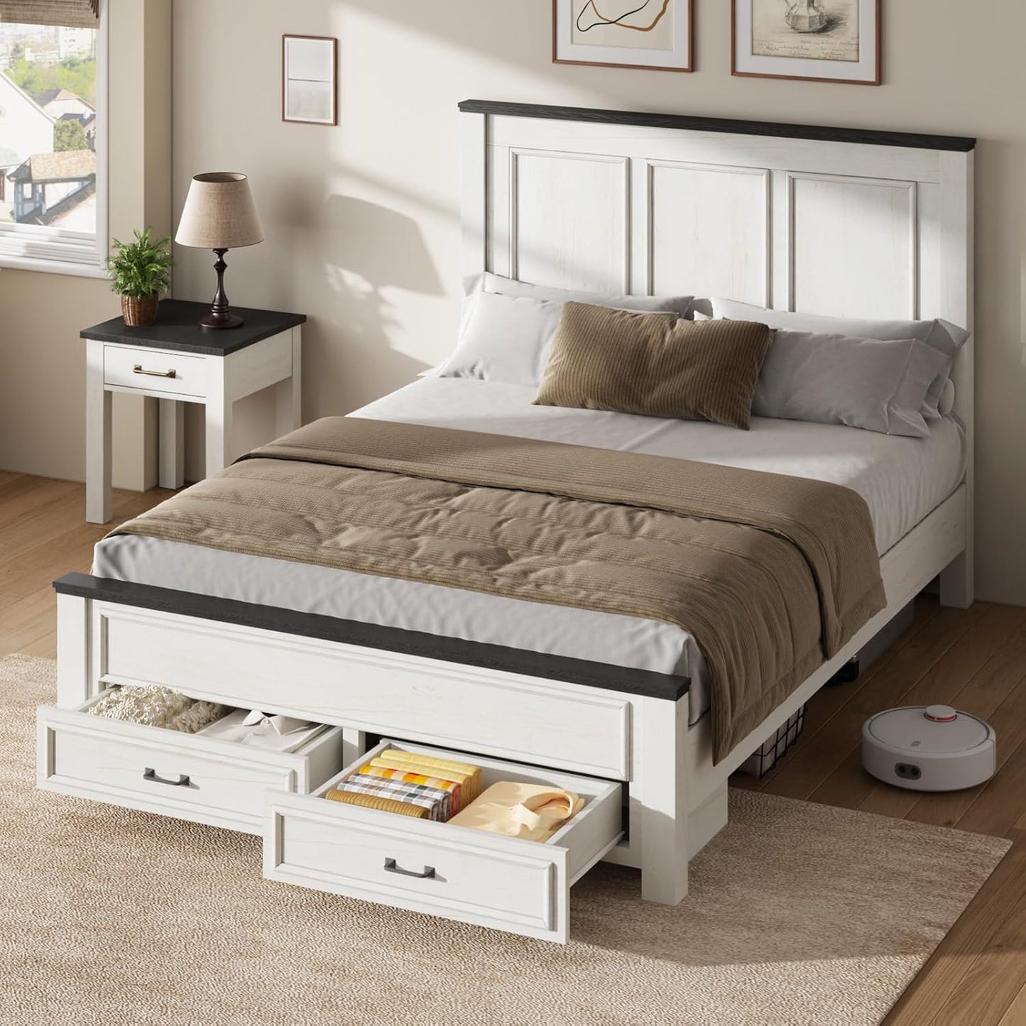 Merluxy Farmhouse Bed Frame with 52.2" Wood Headboard & Storage Drawers