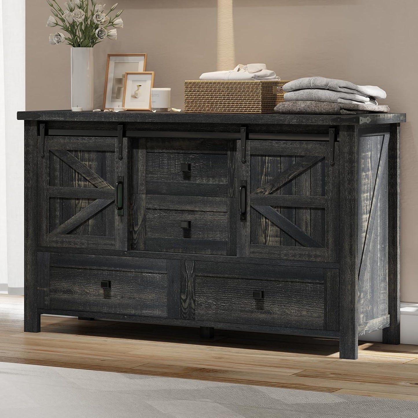 Farmhouse Sideboard Buffet Cabinet with 4 Drawers & 2 Doors for Living Room & Bedroom, White