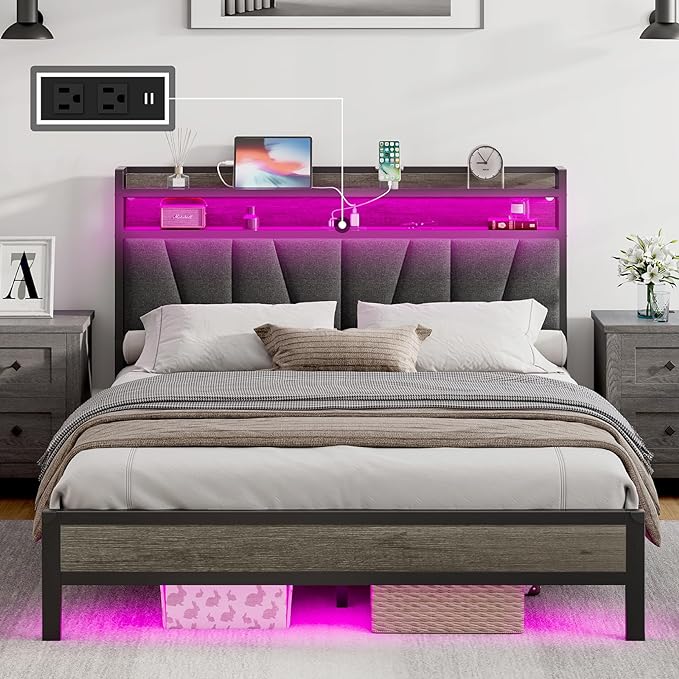 Queen Size Bed Frame with RGB Lights & Charging Station, LED Bed Frame with Storage Headboard Linen Upholstered, Heavy Duty Metal Slats, No Box Spring Needed, Rustic Grey