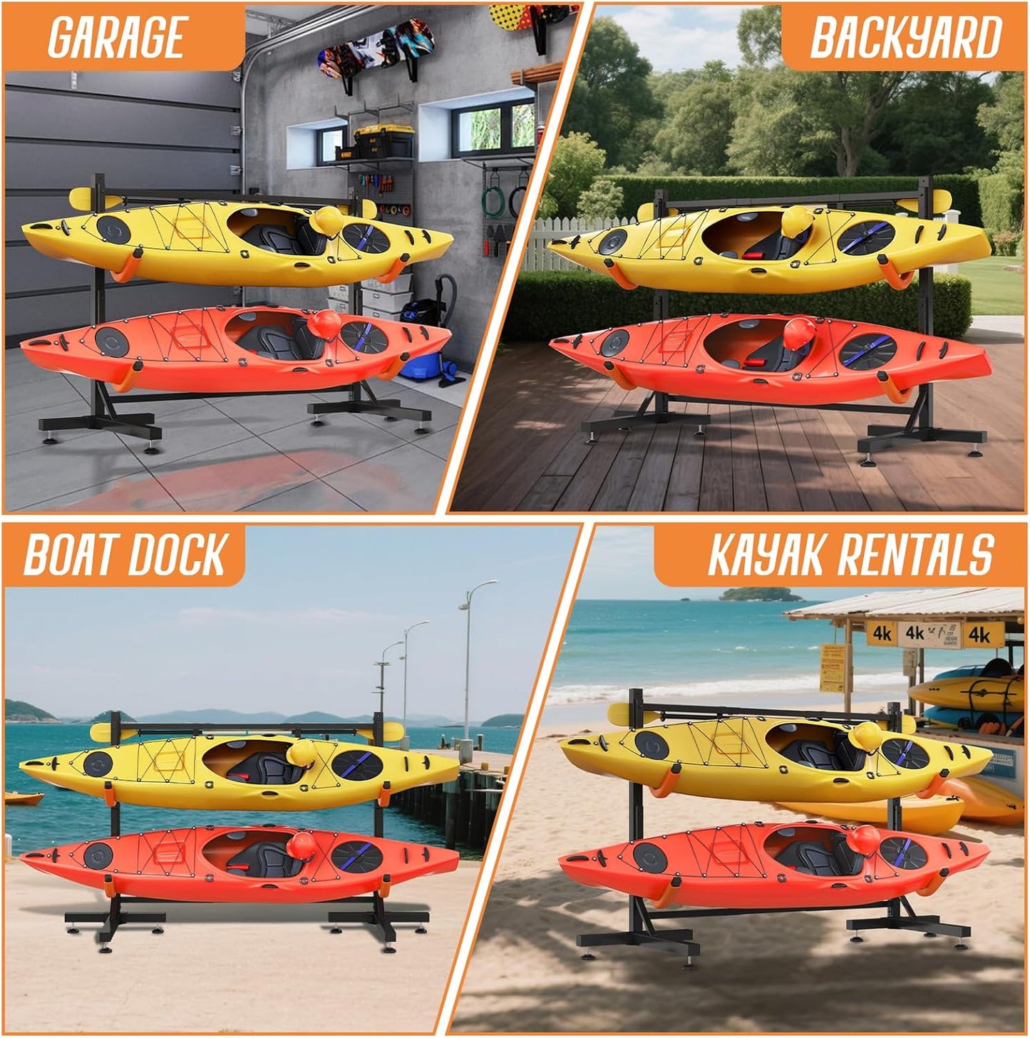 Jocisland Freestanding Kayak Storage Rack for 2 Kayaks, Adjustable Width Stand with Stable T-Base, EVA Tube Sleeves, for Indoor Outdoor Garage