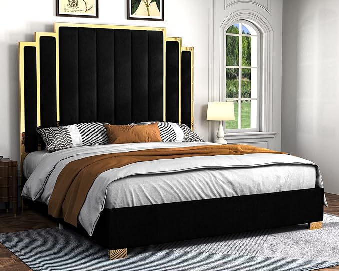 King Size Platform Bed Frame, 65" Velvet Upholstered Bed with Gold Trim Headboard/Wooden Slats/No Box Spring Needed/Cream