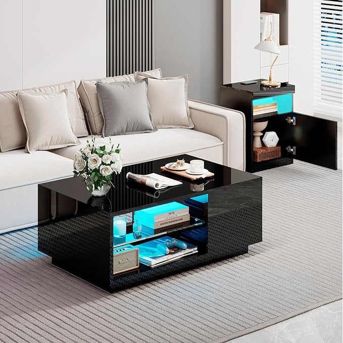 3-Piece Modern High Gloss LED Table Set, Coffee Table with 20-Color LED Lights, 2 End Tables with Wireless Charging Station for Living Room & Bedroom