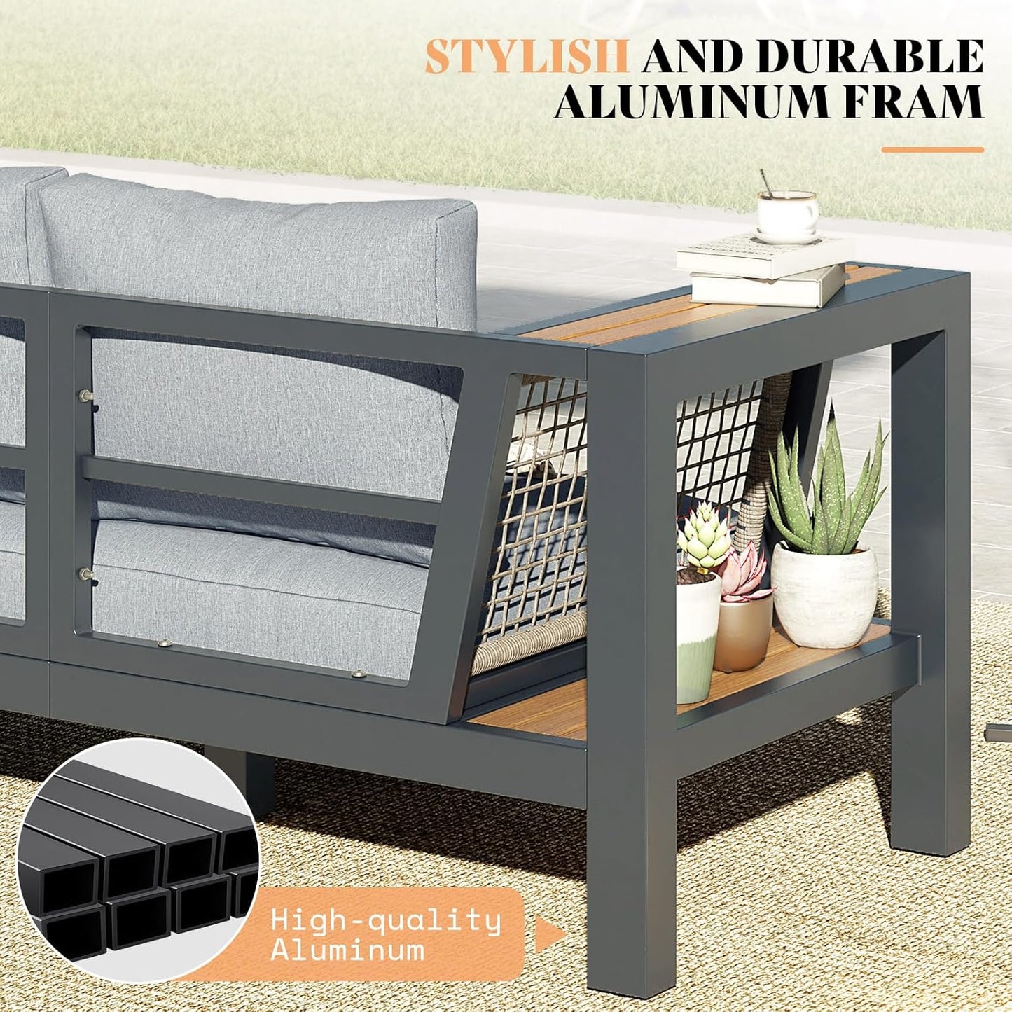 Outdoor Sofa Aluminum Patio Furniture Set with Wide Storage Armrest, 3-Piece Outdoor Couch