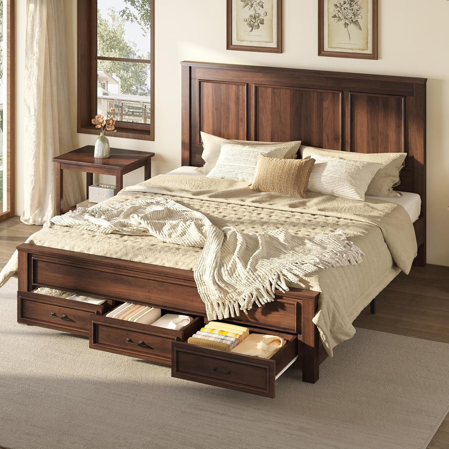 Merluxy Farmhouse Bed Frame with 52.2" Wood Headboard & Storage Drawers