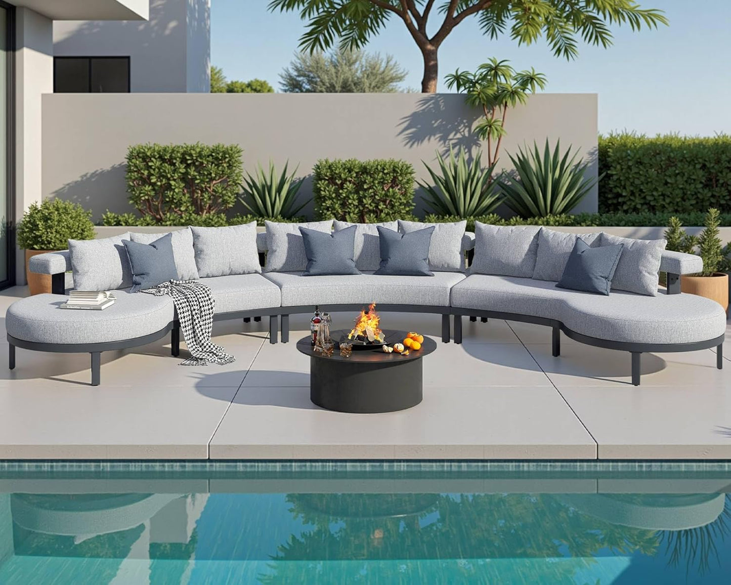 11 Seats Aluminum Patio Furniture Set, Curved Modular Outdoor Sectional Sofa with Cushions