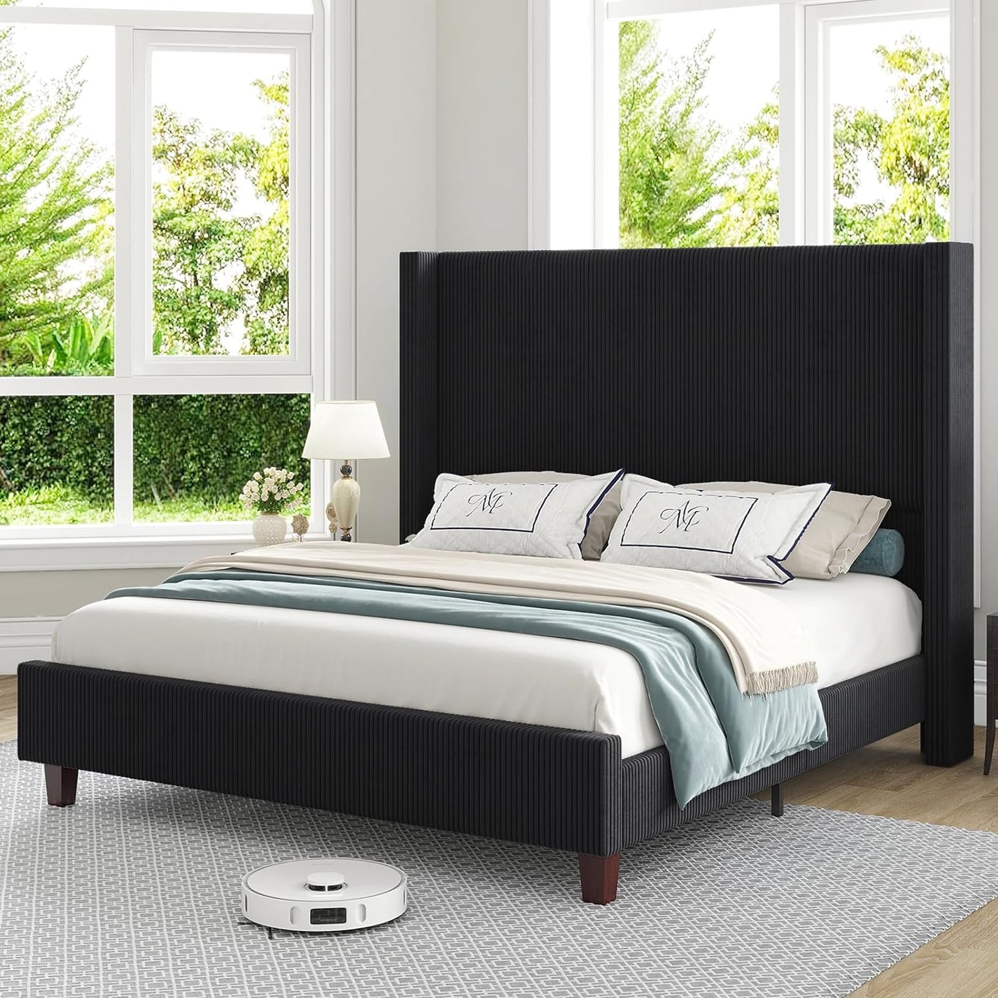 61" Corduroy Upholstered Bed Frame, Platform Bed with Vertical Stripe Wingback Headboard, No Box Spring Needed/Noise Free/Solid Wood Slats & Legs