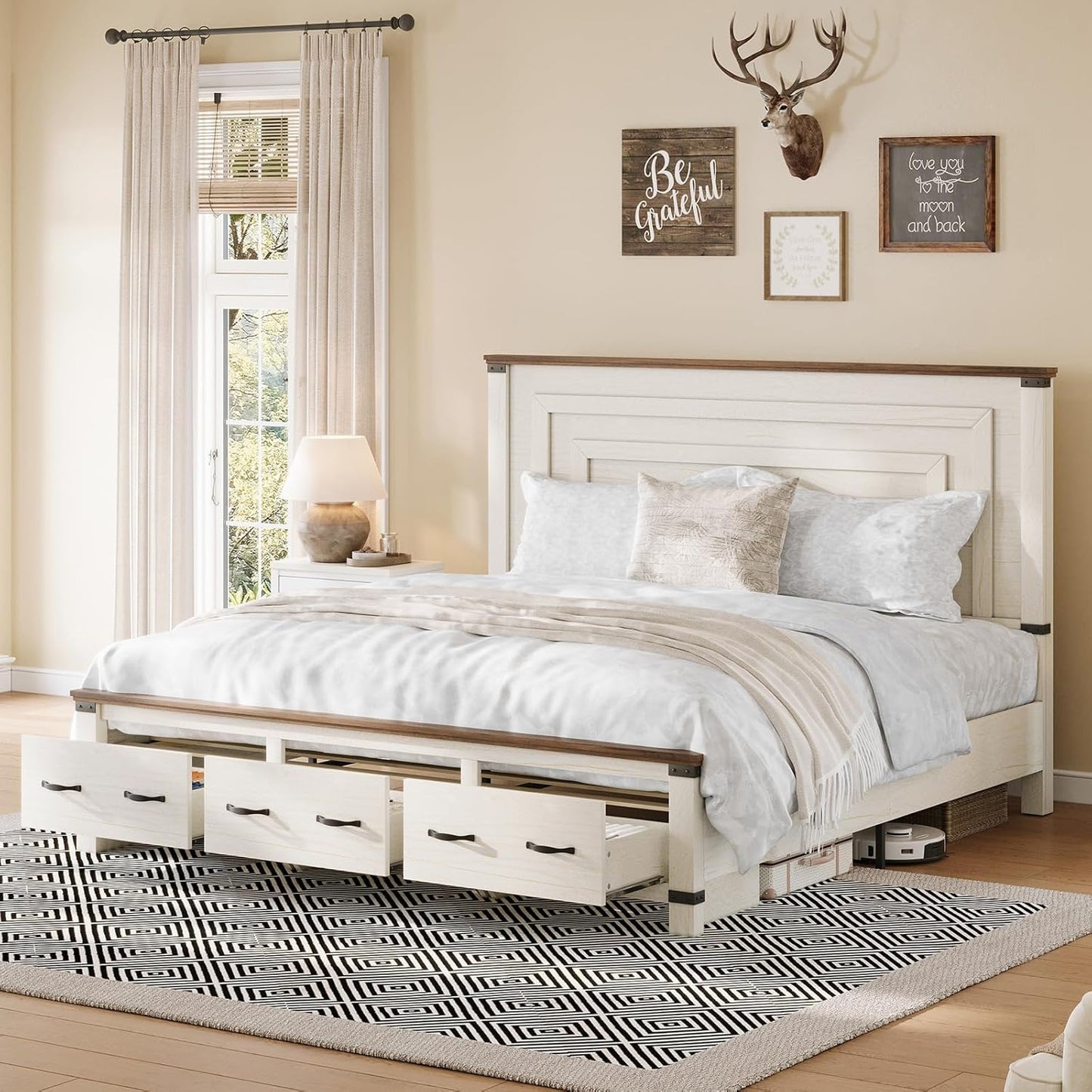 Amerlife Farmhouse Bed Frame with 54" Tall Geometric Headboard & Storage Drawers