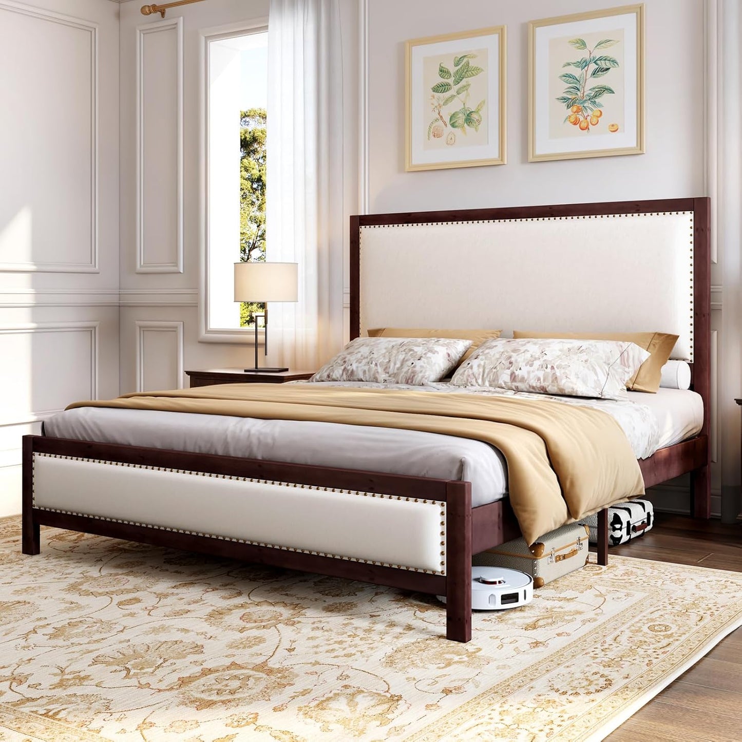 Upholstered Platform Bed with Headboard, Solid Wood Bed Frame with Linen Headboard & Footboard Nailhead Trim, No Box Spring Needed, Noise-Free