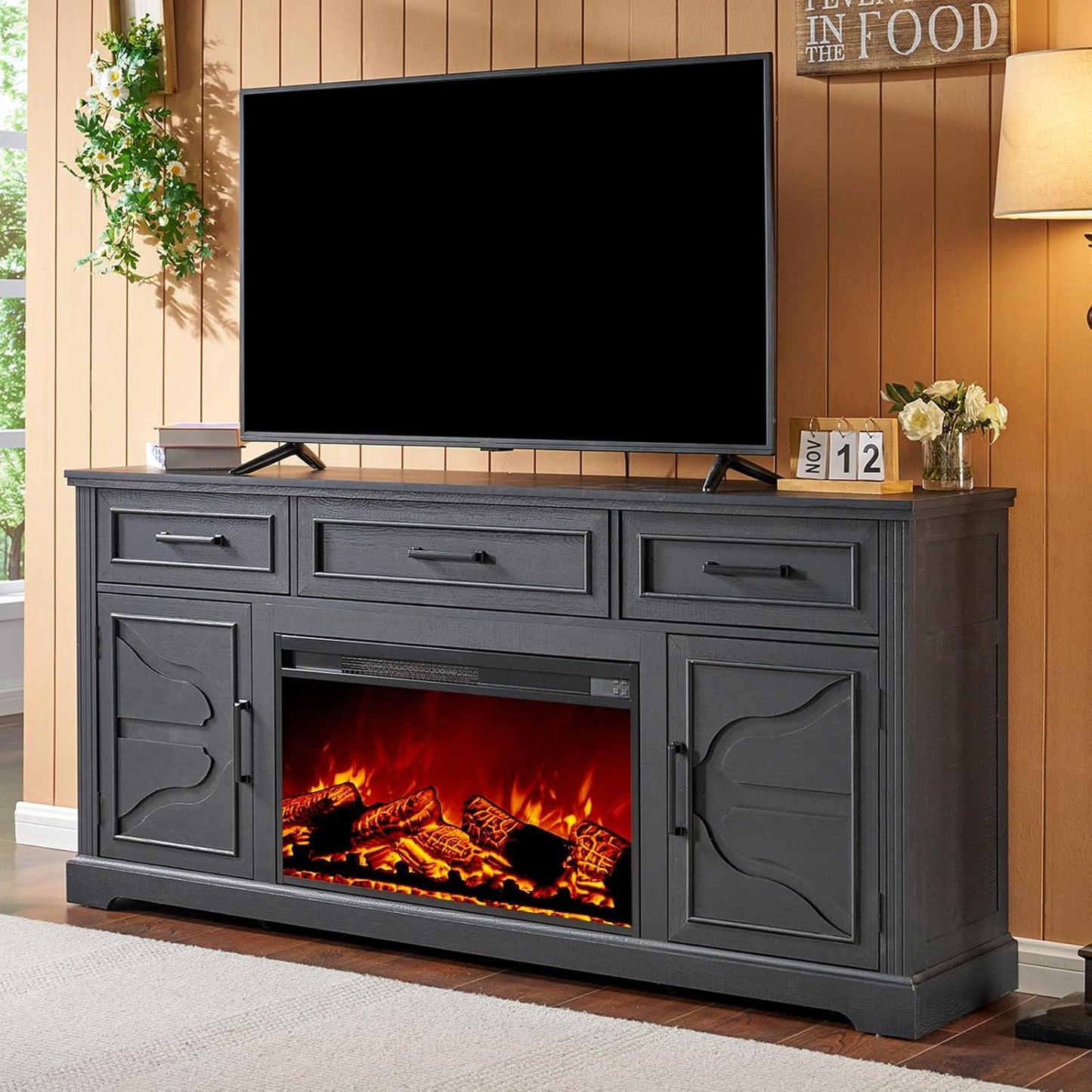 70" Farmhouse Fireplace TV Stand, Entertainment Center Table for TVs Up to 80", White