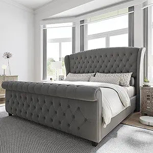 Queen Size Platform Bed Frame, Chenille Upholstered Sleigh Bed with Scroll Wingback Headboard & Footboard/Button Tufted/No Box Spring Required/Cream