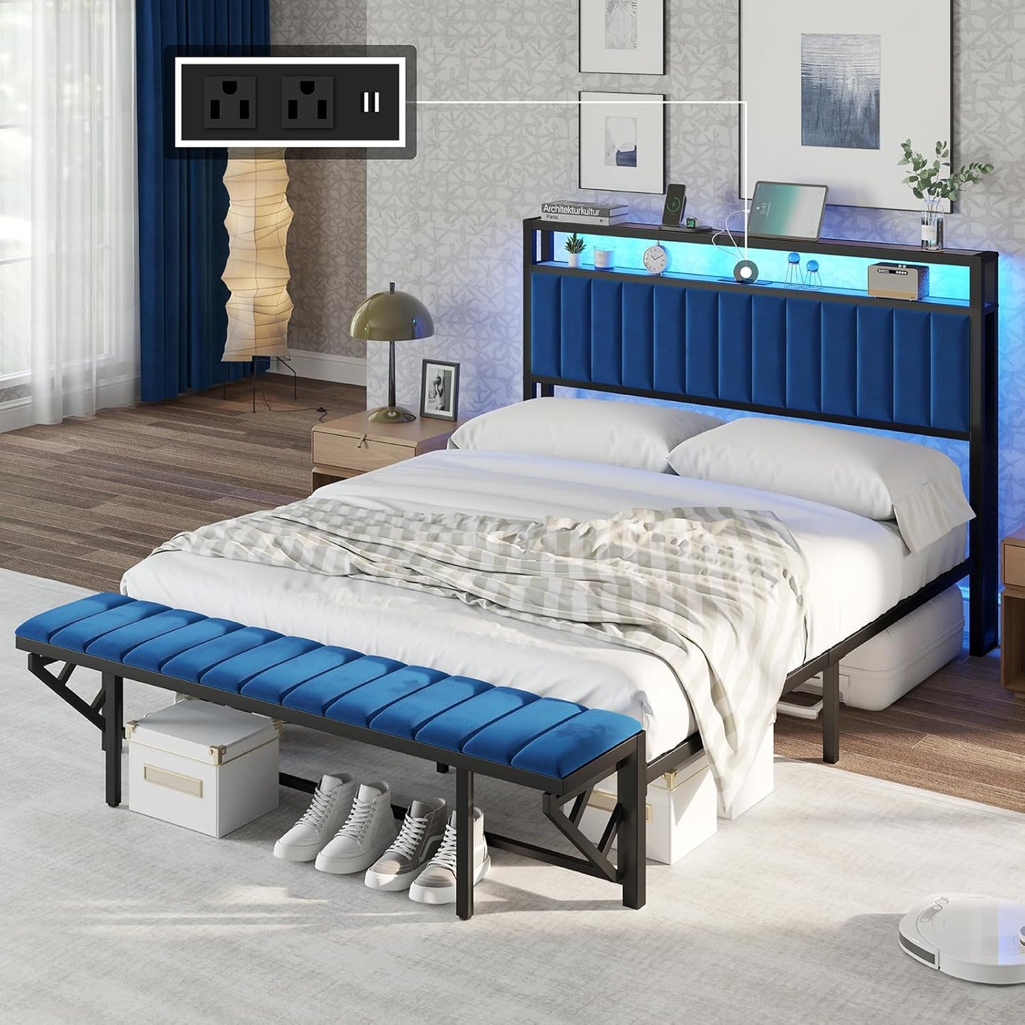 Bed Frame with LED Light and Charging Station, Velvet Upholstered Headboard with Storage Shelf, Heavy Duty Metal Slats/No Box Spring Needed/Easy Assembly