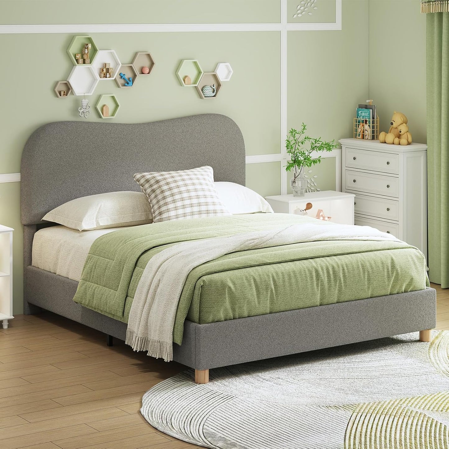 Boucle Bed Frames, Upholstered Platform Bed with Curved Shaped Headboard, Soft Rounded Corners, Noise Free, Easy Assembly