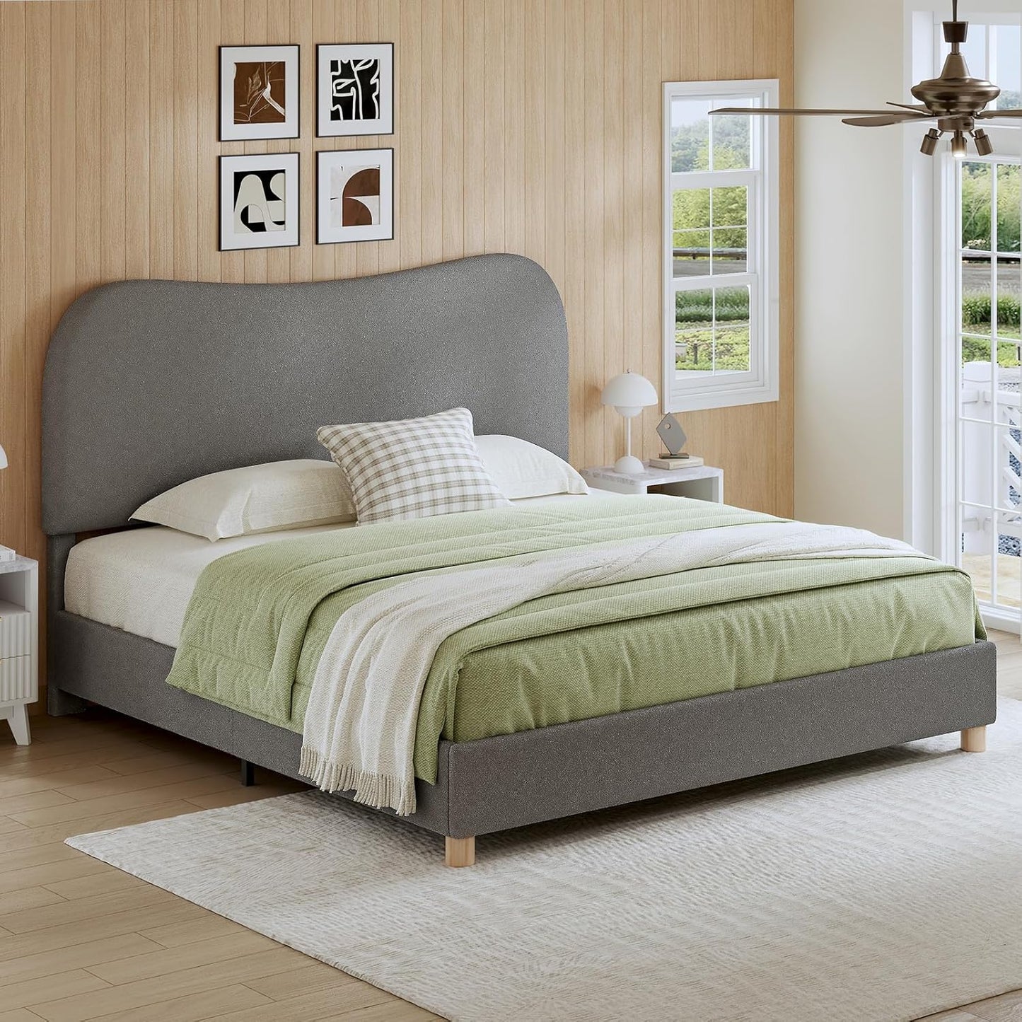 Boucle Bed Frames, Upholstered Platform Bed with Curved Shaped Headboard, Soft Rounded Corners, Noise Free, Easy Assembly