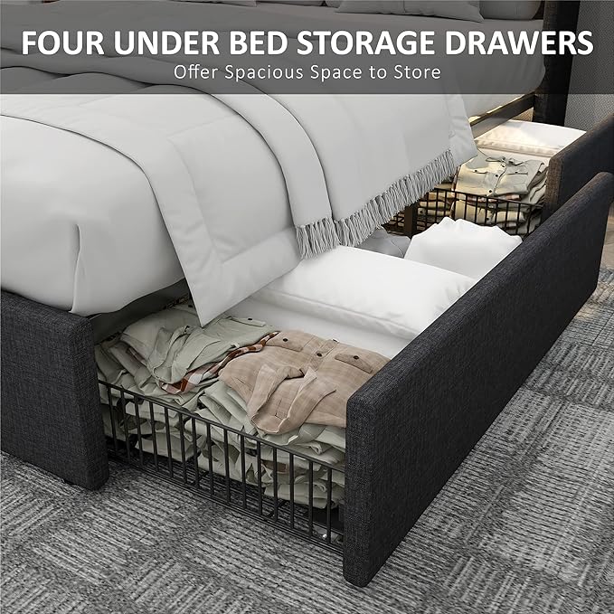 Queen Bed Frame with RGBW LED Lights Headboard & 4 Storage Drawers, Upholstered Smart Platform Bed with USB & USB-C Ports, Box Spring Optional, Dark Grey