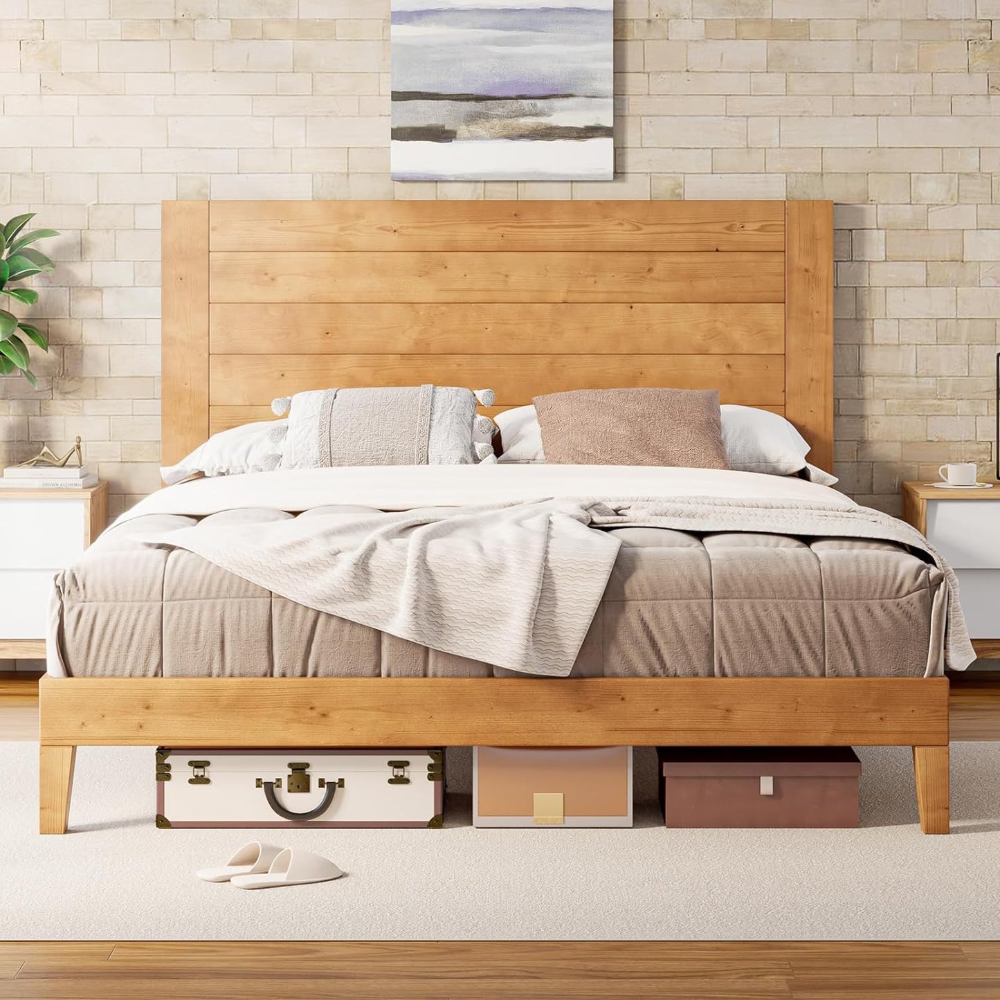 Solid Wood Bed Frame, Mid-Century Modern Platform Bed with 48.6" Headboard, Wooden Slats & Metal Support, Noise Free, No Box Spring Needed, Light Brown