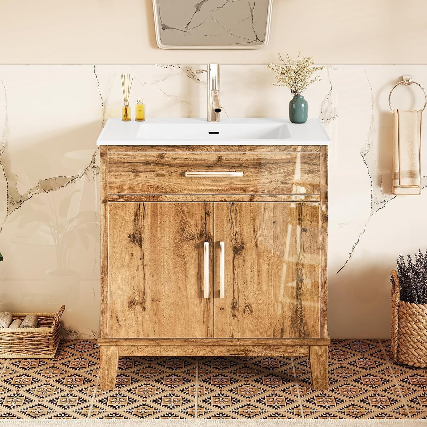 Farmhouse Bathroom Vanity with Sink, 31" High Gloss Single Sink Bath Vanity, Wood Bathroom Sink Cabinet with Bright Handles, Yellow Oak